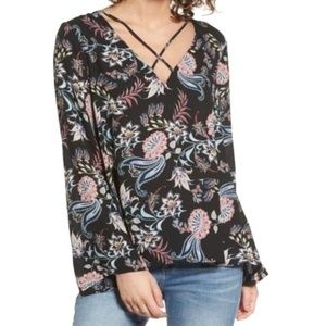 Lush Cross Front Top Sz XS NEW Floral Black Blouse